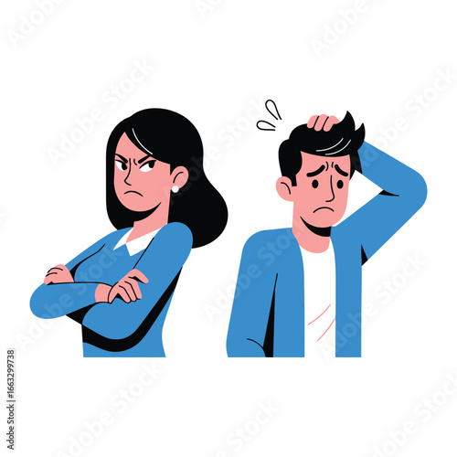 Discord and Dispute: A confrontational pair, a woman and a man, depicted in a vector illustration, expressing disharmony and disagreement, encapsulating themes of conflict and disapproval.