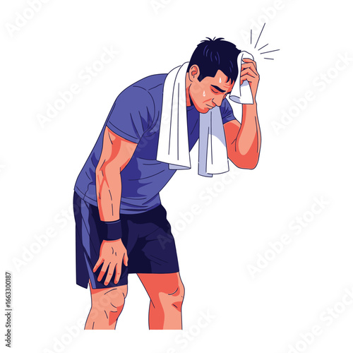 Exhausted Athlete: A portrait of a male athlete in a blue t-shirt wiping sweat from his brow with a white towel around his neck.