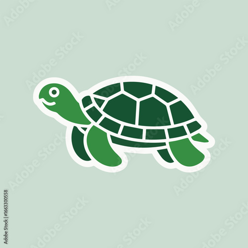 Illustration of a green turtle with a shell, a cute cartoon sticker isolated on a light green background, perfect for childrens designs and naturethemed projects