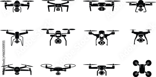 Collection of black drone silhouettes, quadcopter front view illustration set, UAV shadow icons for technology, surveillance, and aviation design