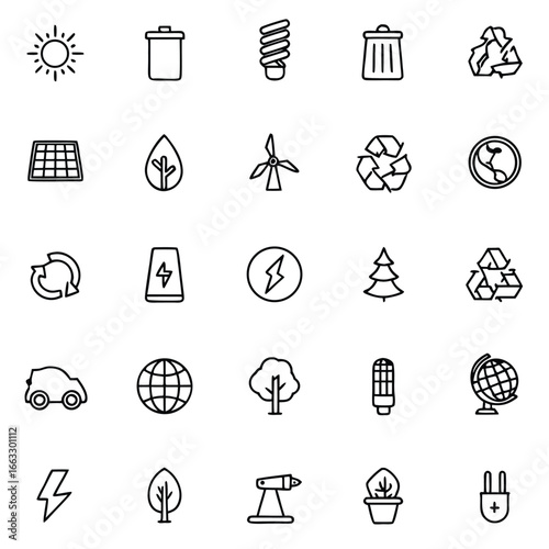 Collection of clean energy and eco-friendly icons symbolizing sustainability and environmental protection