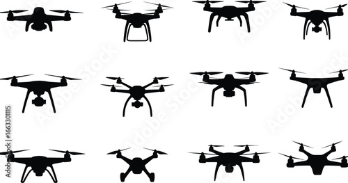 Collection of black drone silhouettes, quadcopter front view illustration set, UAV shadow icons for technology, surveillance, and aviation design
