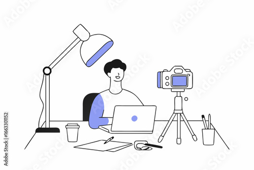 Freelancer vlogger creating content at desk with camera and laptop vector illustration