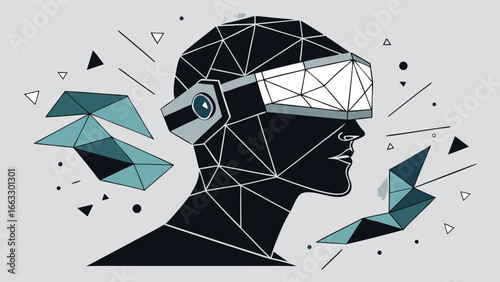 A man wearing a virtual reality headset with a digital wireframe of a head overlaying his image..eps