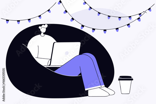 Relaxed person working on laptop in bean bag chair with string lights overhead