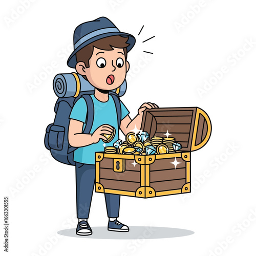 Discovery of Treasure: A young traveler is overwhelmed by the sight of a chest overflowing with gold coins and precious gems, sparking a sense of wonder and exploration. 