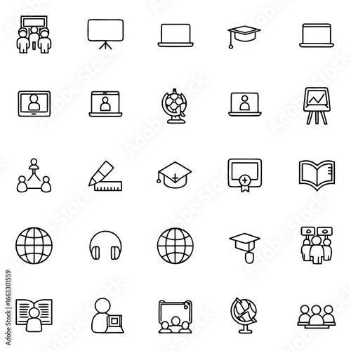 Collection of educational and learning icons representing online classes and knowledge.