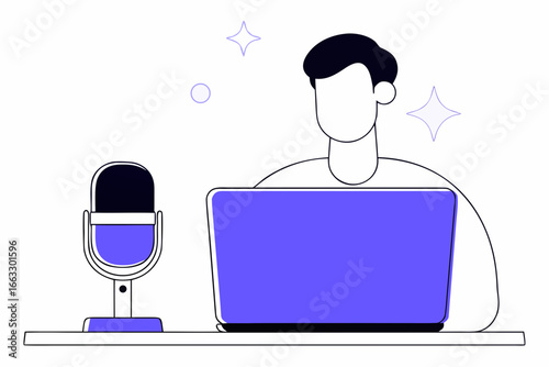 Freelancer live streaming tutorial with laptop and microphone engaging online education vector