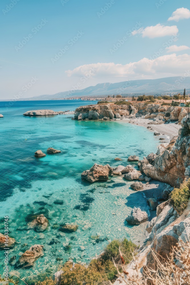 Fototapeta premium Serene coastal landscape in Cyprus capturing vibrant clear waters and rocky shoreline. Travel, vacation concept. Vertical banner. Copy space. Sea view. Postcard from Cyprus