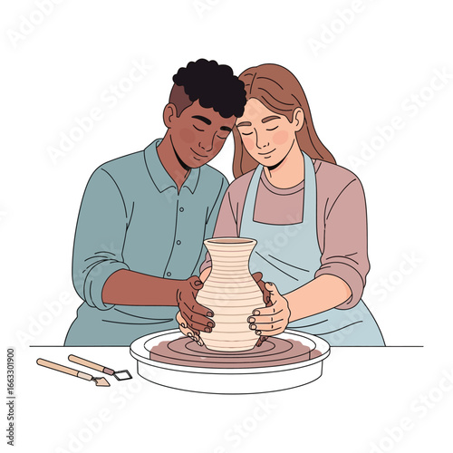 Artisan pottery in progress: A couple with mixed ethnicity work together, with a sense of peace, creating their artwork. The image is an expression of creativity, connection, and artistic expression.