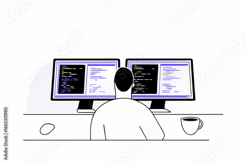 Programmer debugging code on dual monitors at a desk vector illustration for technology and coding themes