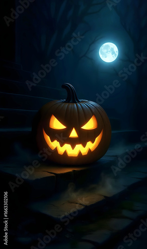 Wallpaper Mural Glowing jack-o’-lantern on stone staircase with eerie moonlight and mist Torontodigital.ca