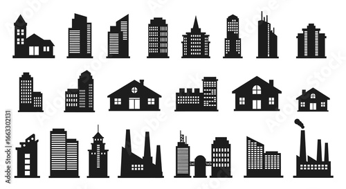 A collection of various city skylines and residential buildings in black silhouette