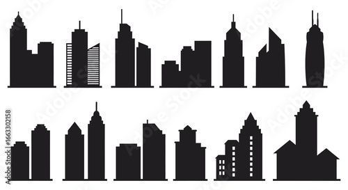 City skyline silhouettes with various buildings and skyscrapers on white background