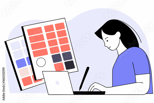 Designer creatively works on laptop with color swatches vector illustration