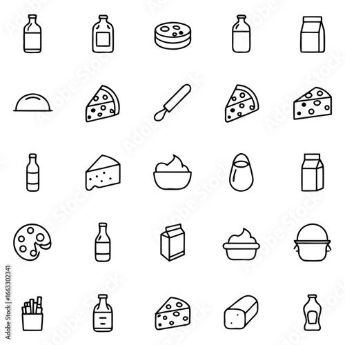 Collection of simple line art icons representing dairy products and food preparation tools