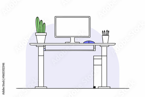 Tidy modern office setup with standing desk large computer monitor and plants vector illustration