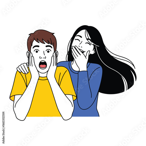 The Big Reveal: A lighthearted illustration captures a moment of surprise and amusement between two figures, one overcome with shock while the other reacts with laughter. 