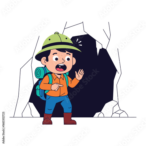 Adventurous Explorer at the Cave Entrance: An intrepid young explorer, filled with childlike wonder, stands at the mouth of a mysterious cave, his imagination ignited by the possibilities within.