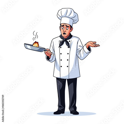 Chef's Culinary Dilemma: A bewildered chef stares in dismay at a smoking dish, a comical mishap in the culinary arts, an image to represent cooking problems