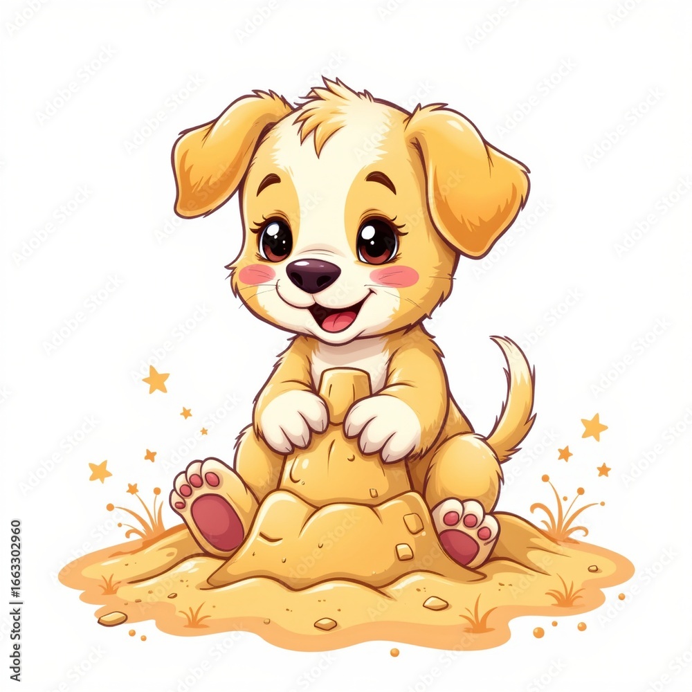 Obraz premium a gentle puppy building a sandcastle, in a cheerful kids illustration style with splashy colors on white background.