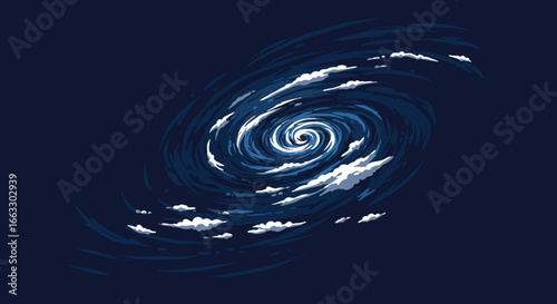 Stylized Hurricane Illustration with Swirling Clouds and Dark Blue Sky.