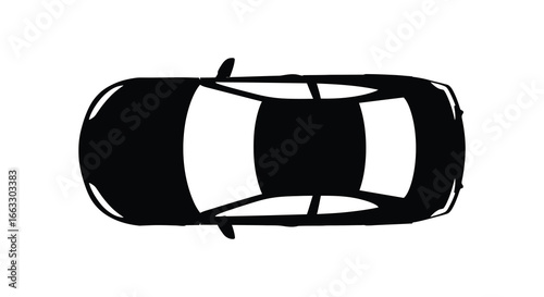 A black and white illustration of a car from a top down view