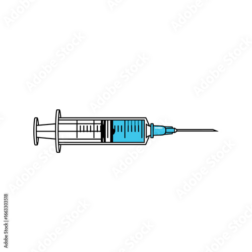 Medical syringe with blue liquid and sharp needle for injection and medical treatment