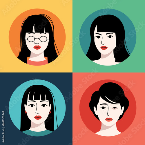 A collection of diverse female avatars featuring different hairstyles and accessories representing modern women