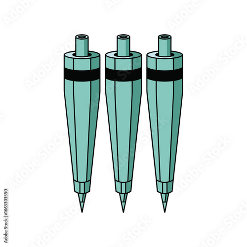 Three teal colored fishing bobbers with black bands and pointed tips on a white background illustration