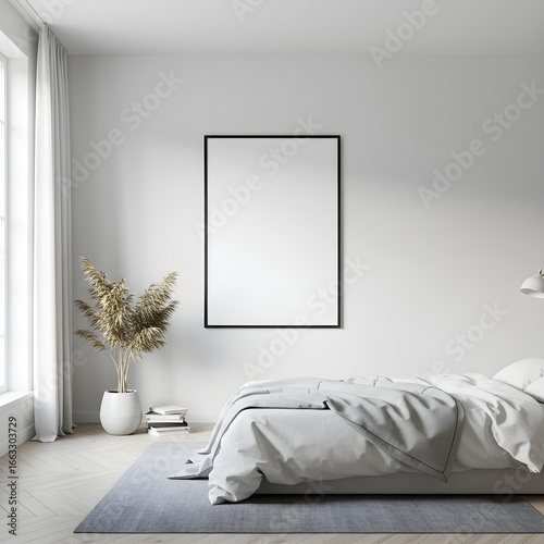 Minimalist Bedroom Mockup with Natural Light and Framed Artwork.