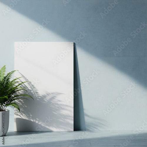 Minimalist Blank Canvas Mockup with Fern and Dramatic Diagonal Sunlight on a Cool Blue Wall.