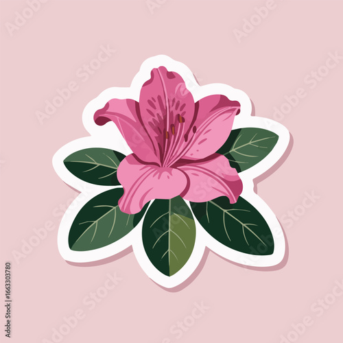 A vibrant pink azalea flower sticker with green leaves on a light pink background, perfect for adding a touch of nature and elegance to any design or project