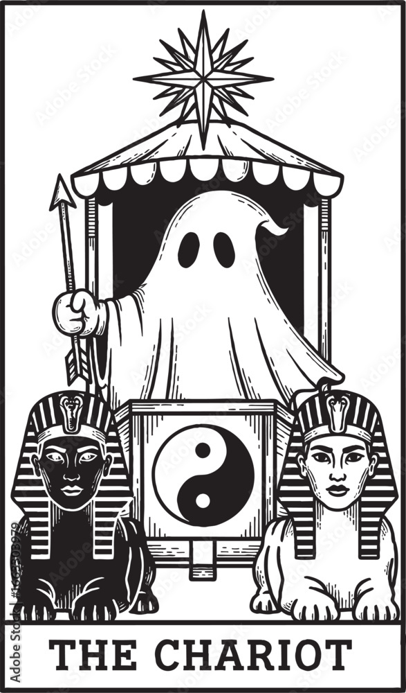 Naklejka premium Cute ghost on The Chariot tarot card with yin yang symbol and sphinxes – vector illustration