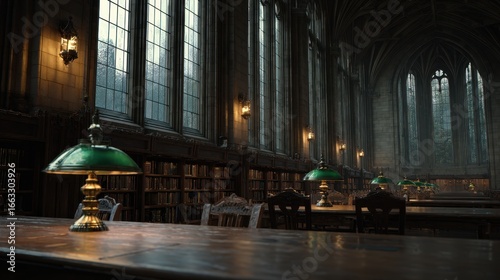 Ornate library interior with dark wood tables, green lamps, and tall arched windows