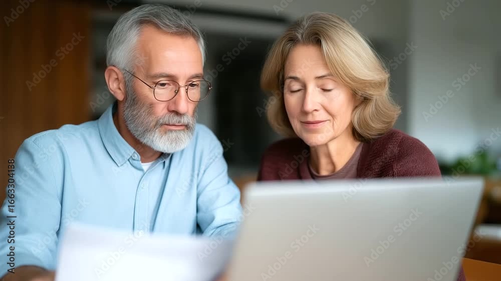 Elderly couple reviewing household budget at dining table, representing financial planning, retirement security, money management, senior lifestyle and responsible living Elderly couple reviewing household budget at dining table, representing financial planning, retirement security, money management, senior lifestyle and responsible living