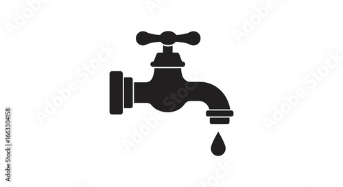 A black faucet with a single drop of water falling from the spout