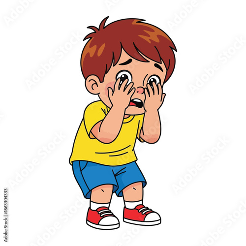 Fearful little boy: A scared little boy covers his face with hands, eyes filled with a mix of fright and bewilderment. A cartoon illustration depicting the young person's vulnerable emotions.