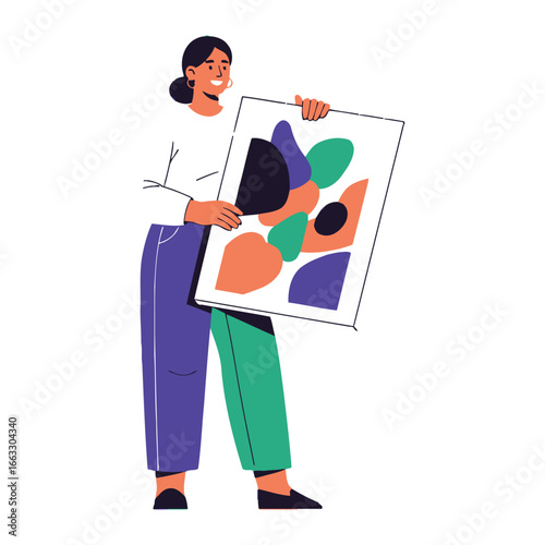 Artist and Artwork: A creative woman, radiating confidence and joy, showcases her modern abstract art, holding it up for the world to admire and appreciate.