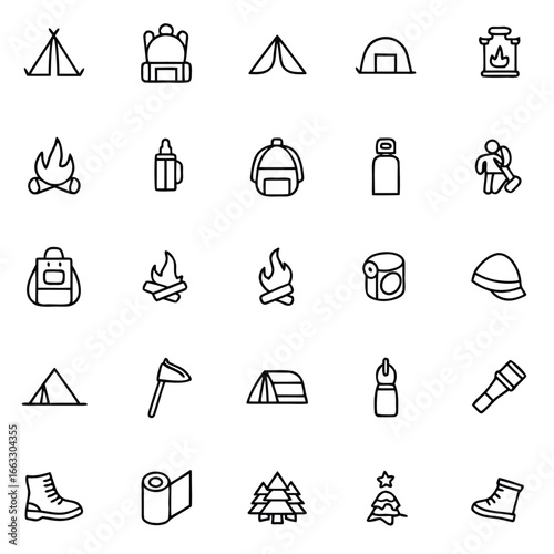 Collection of camping and hiking icons representing outdoor adventure gear