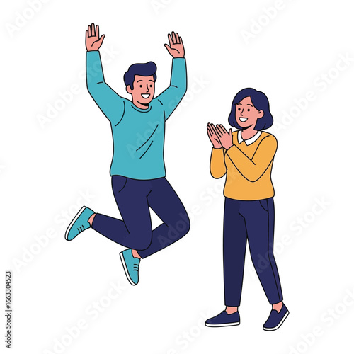 Joyful Celebration: Capturing a moment of pure elation and shared happiness between two individuals, this illustration evokes a sense of celebration and camaraderie.