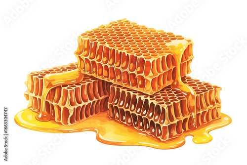 Golden, natural honeycomb pieces dripping with sweet organic honey, a perfect representation of healthy and delicious food from the beehive, evoking purity and natural goodness.