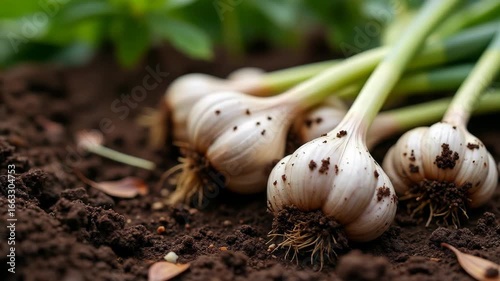 Freshly harvested garlic bulbs lying on dark fertile soil in a garden setting
