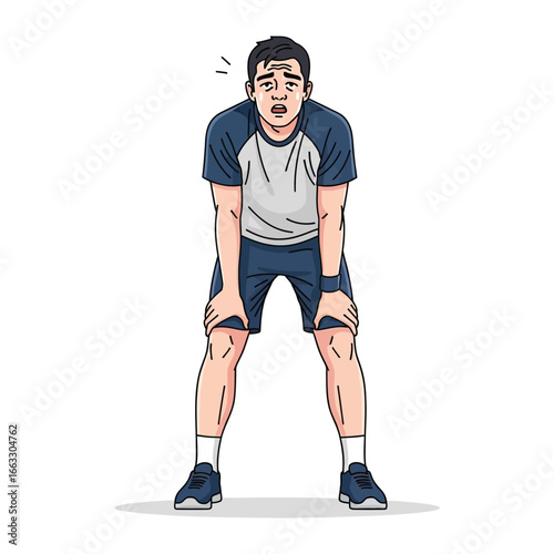 Exhausted Athlete: A vividly illustrated athlete, drenched in sweat, takes a moment to catch his breath after an intense workout, capturing the essence of physical exertion and determination.