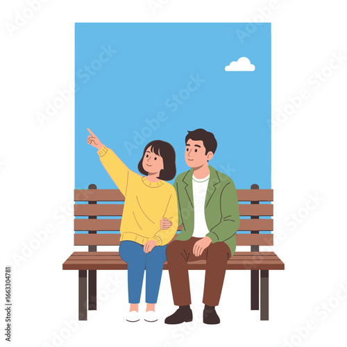 Couple's Moment on a Bench: A young couple sits embraced on a park bench. The sky above, clear and bright, with a single cloud drifting lazily. The illustration captures an intimate and happy moment.