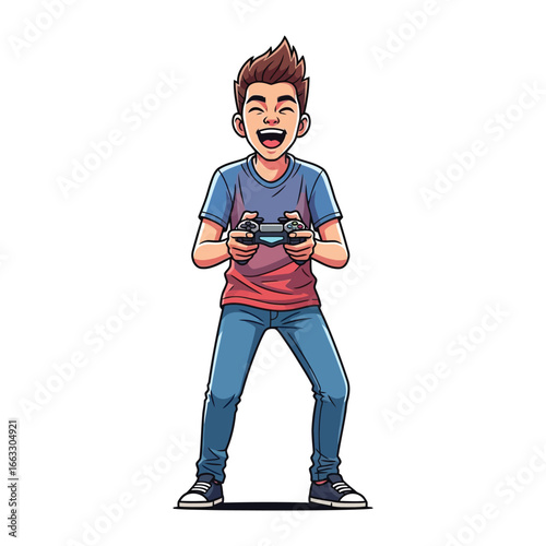 Gamer's Joy: A cartoon boy stands and smiles, he is totally absorbed in the game with a controller in hand. it perfectly captures the moment of victory in gaming world.