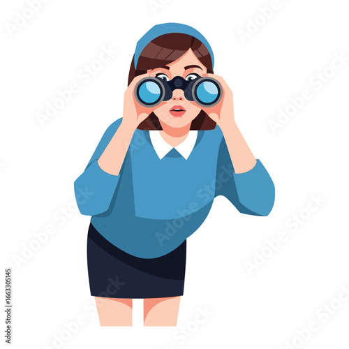 Curious Observer: A young woman's wide-eyed surprise as she gazes intently through a pair of binoculars, capturing a moment of discovery and curiosity.