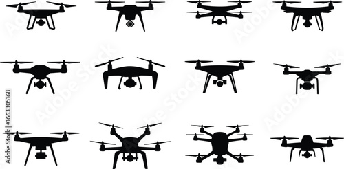 Collection of black drone silhouettes, quadcopter front view illustration set, UAV shadow icons for technology, surveillance, and aviation design