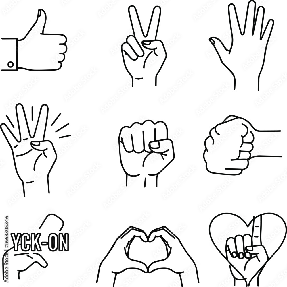 Fototapeta premium Isolated a Hand gesture line icon set. pictograms of thumbs up, peace sign, high five, fist bump, rock on, heart shape for communication, expressions, finger actions. vector art silhouette.