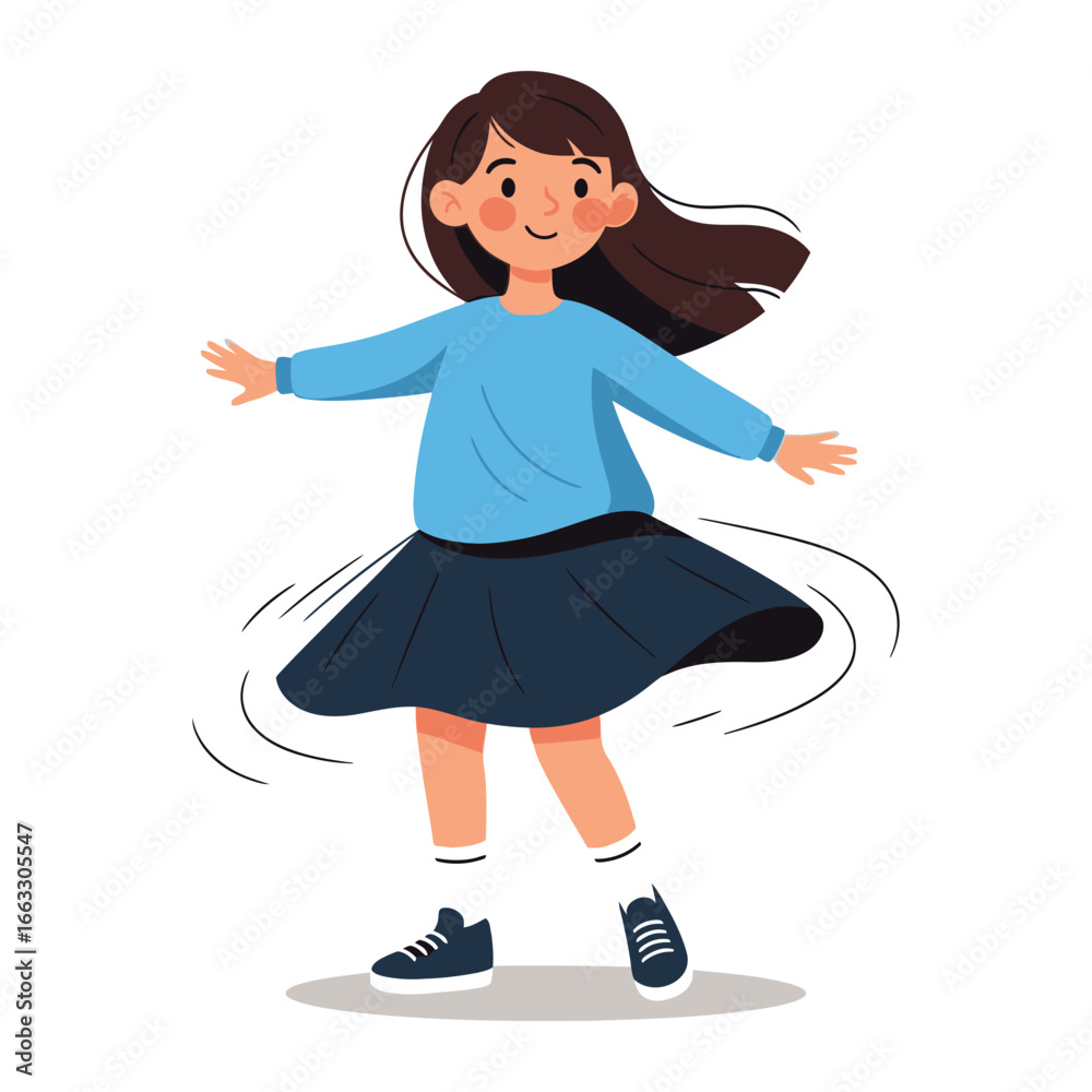 Fototapeta premium Whirlwind of Delight: This vibrant illustration captures a young girl in the joyous act of twirling, her movements a blur of energy and pure happiness.